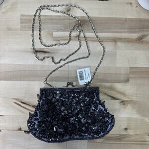 NWT BIJOUX TERNER Evening Bag gray Beaded Small Purse Silver Chain Kisslock